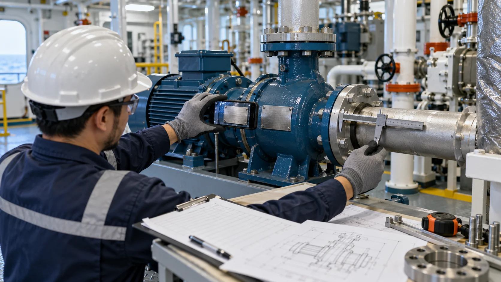 Marine equipment replacement quote preparation in a ship engine room